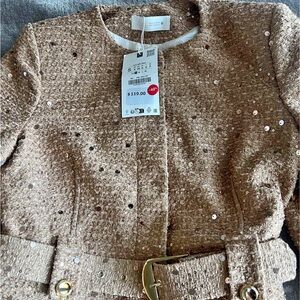 Zara Sequin Embellished Tan blazer with Belt